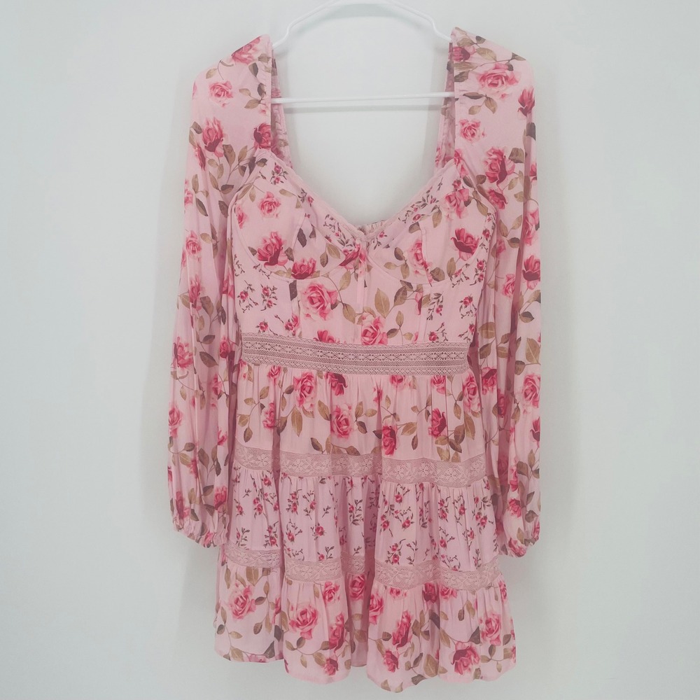 Altar'd State Kate Pink Floral Rose Lace Mini Dress size L Cottagecore Garden - Picture 2 of 16